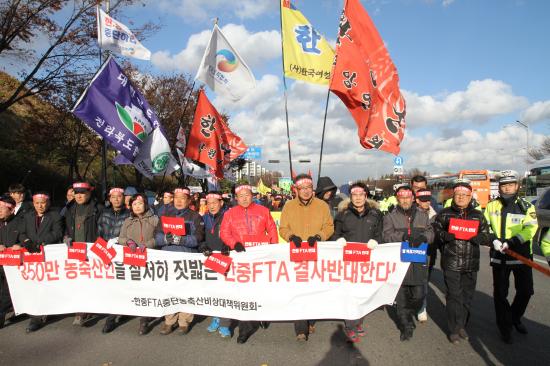 한중 FTA 8차 협상 규탄 가두 행진 중인 이병규 한돈협회장
