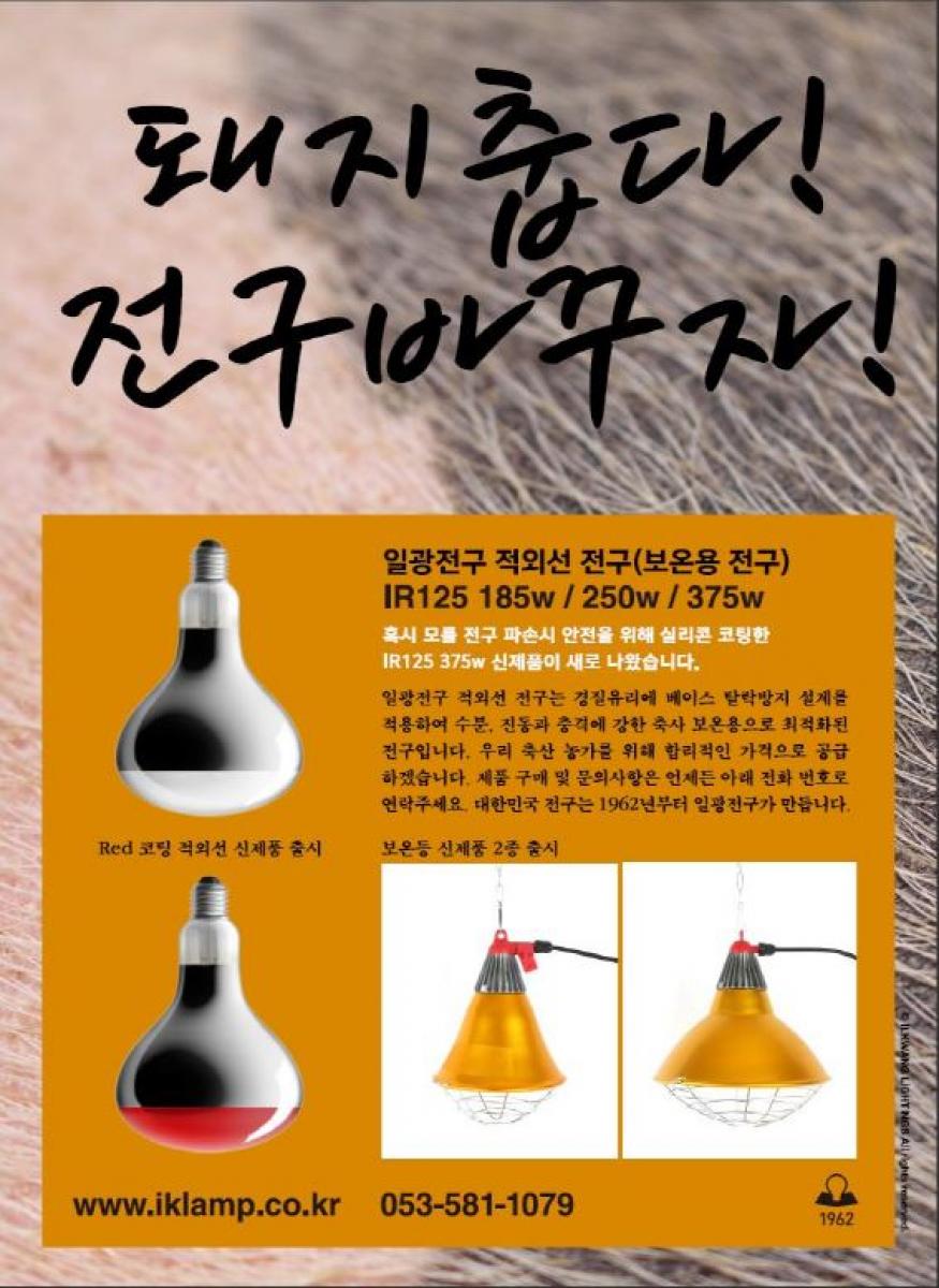 돼지 춥다! 전구 바꾸자! 일광전구 적외선 전구(보온용 전구) IR125 185w/250w/375w, 혹시 모를 전구 파손시 안전을 위해 실리콘 코팅한 IR125 375w 신제품이 새로 나왔습니다. 일광전구 적외선 전구는 경질유리에 베이스 탈락방지 설계를 적용하여 수분, 진동과 충격에 강한 축사 보온용으로 최적화된 전구입니다. 우리 축산 농가를 위해 합리적인 가격으로 공급하겠습니다. 제품 구매 및 문의사항은 언제든 아래 전화 번호로 연락주세요. 대한민국 전구는 1962년부터 일광전구가 만듭니다. www.iklamp.co.kr, 전화 : 053-581-1079