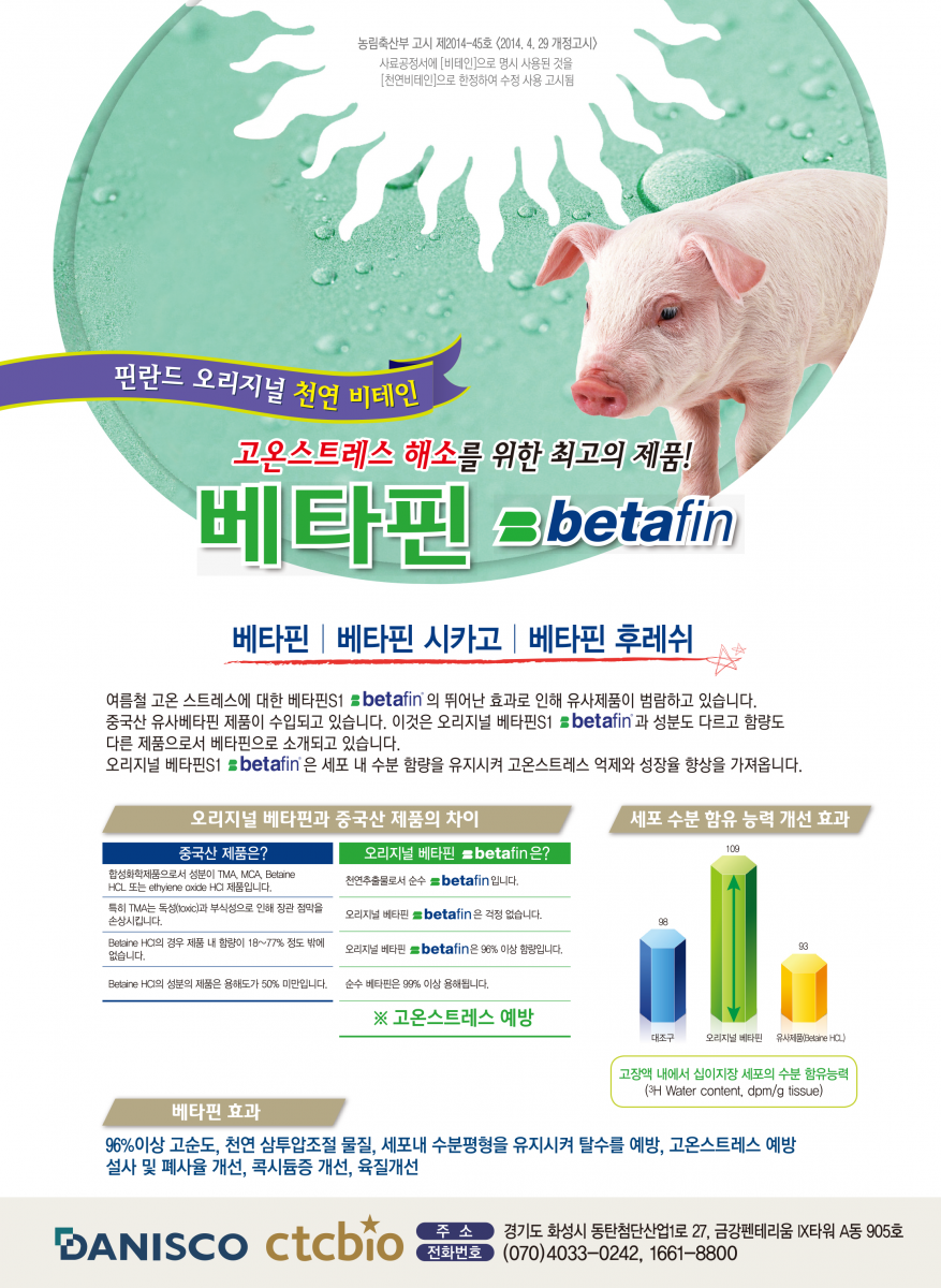 농림축산부 고시 제 2014-45호 (2014-4-29 개정고시) 사료공정서에 [비테인]으로 명시 사용된 것을 [천연비테인]으로 한정하여 수정 사용 고시됨 핀란드 오리지널 천연 비테인 고온스트레스 해소를 위한 최고의 제품! 베타핀=betafin 베타핀 베타핀시카고 베타핀후레쉬 여름철 고온 스트레스에 대한 베타핀s1 betafin의 뛰어난 효과로 인해 유사제품이 범람하고 있습니다. 중국산 유사베타핀 제품이 수입되고 있습니다. 이것은 오리지널 베타핀s1 betafin 과 성분도 다르고 함량도 다른 제품으로서 베타핀으로 소개되고 있습니다. 오리지널 베타핀s1 betafin은 세포 내 수분함량을 유지시켜 고온스트레스 억제와 성장율 향상을 가져옵니다. 베타핀 효과 96% 이상 고순도, 천연 삼투압조절 물질, 세포내 수분평형을 유지시켜 탈수를 예방, 고온스트레스 예방 설사 및 폐사율 개선, 콕시듐증 개선 , 육질개선 DANISCO 제품문의 1661-8800