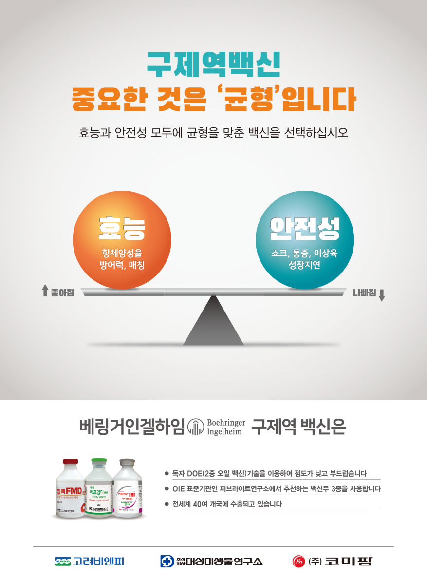 구제역백신 중요한 것은 균형입니다. 효능과 안전성 모두에 균형을 맞춘 백신을 선택하십시오 효능 항체양성율 방어력 매칭 좋아짐 안전성 쇼크, 토증, 이상육, 성장지연 나빠짐 베링거인겔하임 구제역 백신은 독자DOE 기술을 이용하여 점도가 낮고 부드럽습니다, OIE 표준기관인 피브라이트연구소에서 추천하는 백신주 3종을 사용합니다. 전세계 40여 개국에 수출되고 있습니다.